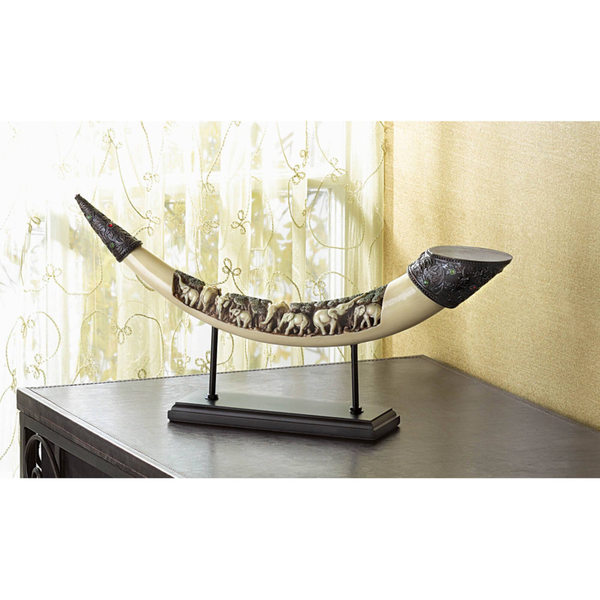 Lucky Elephants Tusk Sculpture 16.5" x 2.75" x 8